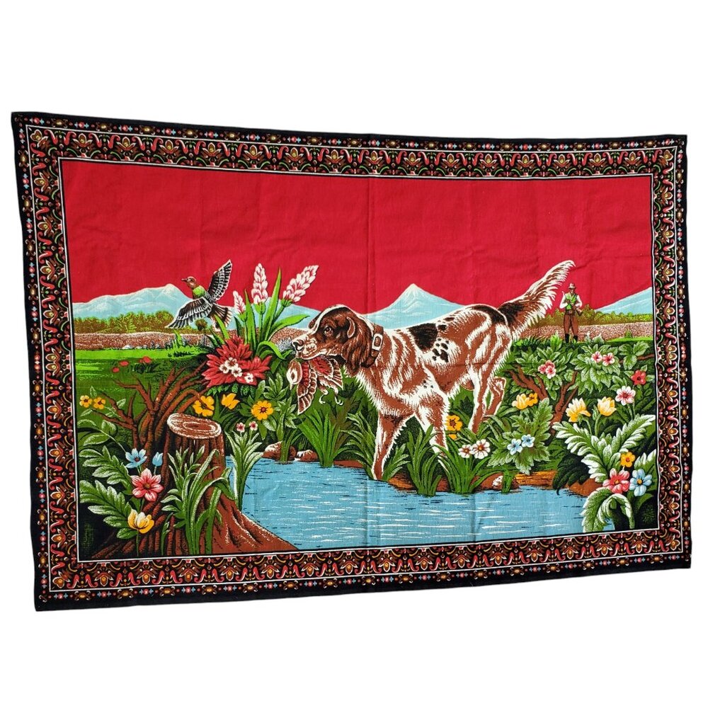 Vintage Velvet Woven Wall Tapestry Dog Bird Hunting Wildlife Man Cave 56" x 38"